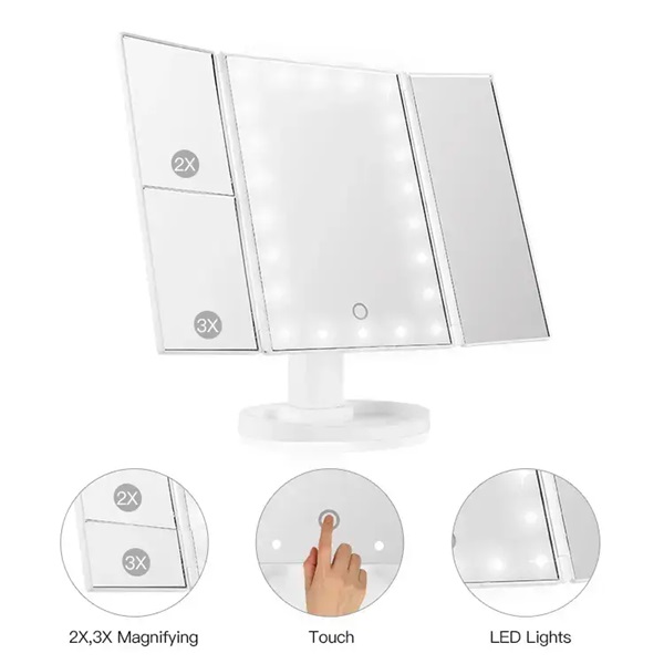 Foldable LED Vanity Mirror can be Magnified Twice or Three Times 360-degree Rotation, USB Plug-in, Adjustable Rotation