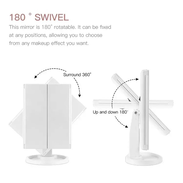 Foldable LED Vanity Mirror can be Magnified Twice or Three Times 360-degree Rotation, USB Plug-in, Adjustable Rotation