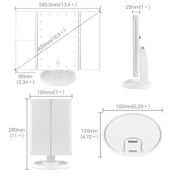 Foldable LED Vanity Mirror can be Magnified Twice or Three Times 360-degree Rotation, USB Plug-in, Adjustable Rotation