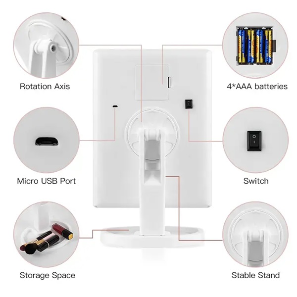 Foldable LED Vanity Mirror can be Magnified Twice or Three Times 360-degree Rotation, USB Plug-in, Adjustable Rotation