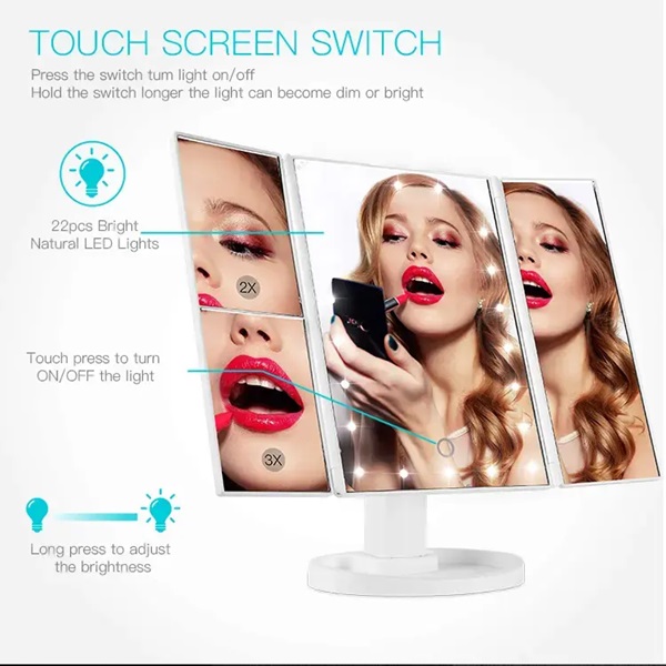 Foldable LED Vanity Mirror can be Magnified Twice or Three Times 360-degree Rotation, USB Plug-in, Adjustable Rotation