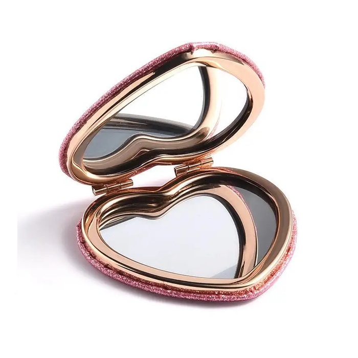 Heart Shaped Compact Mirror Custom Logo Pink Glitter PU Leather Heart Mirror For Valentine's Day