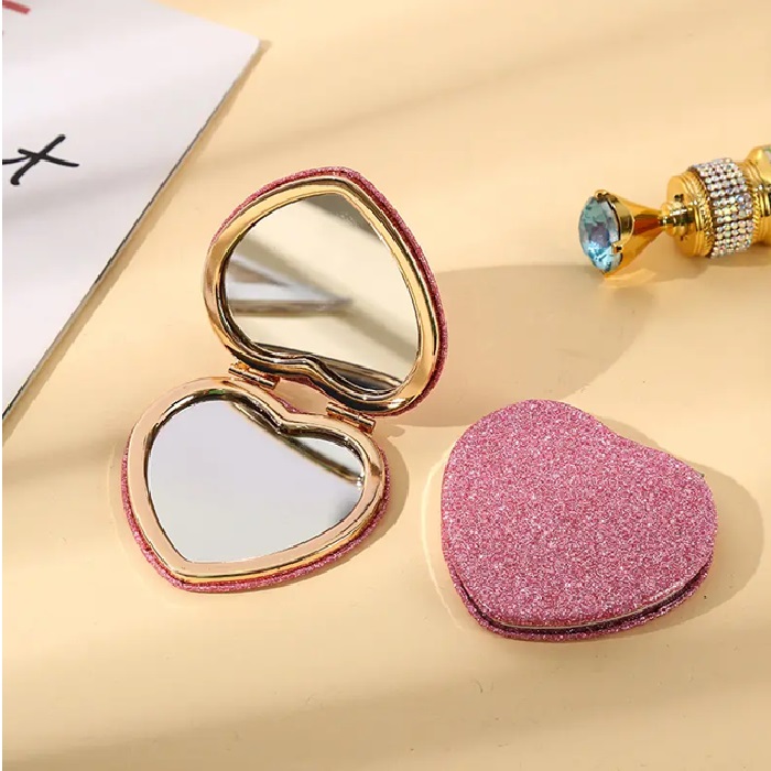 Heart Shaped Compact Mirror Custom Logo Pink Glitter PU Leather Heart Mirror For Valentine's Day