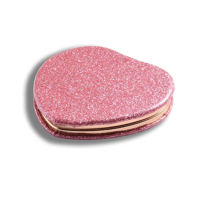 Heart Shaped Compact Mirror Custom Logo Pink Glitter PU Leather Heart Mirror For Valentine's Day