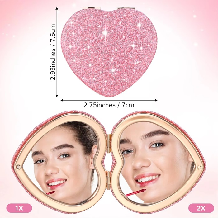 Heart Shaped Compact Mirror Custom Logo Pink Glitter PU Leather Heart Mirror For Valentine's Day