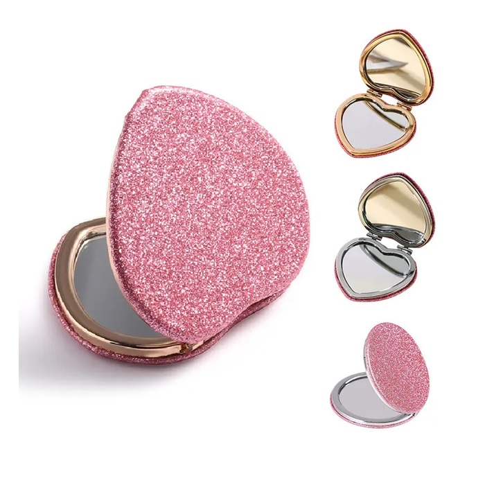 Heart Shaped Compact Mirror Custom Logo Pink Glitter PU Leather Heart Mirror For Valentine's Day