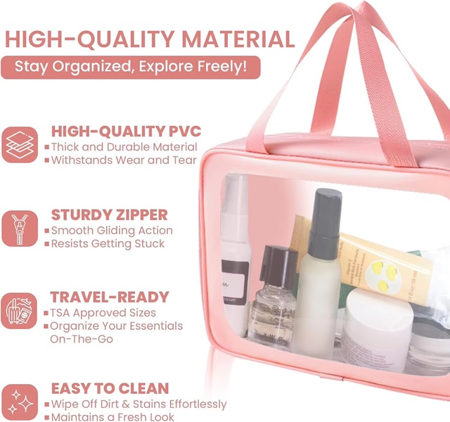 Large Waterproof Pvc Women'S Pink & Black Cosmetic Bag Transparent Plastic Travel Handbag For Makeup & Toiletry Storage