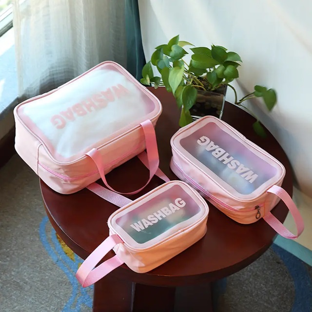 Large Waterproof Pvc Women'S Pink & Black Cosmetic Bag Transparent Plastic Travel Handbag For Makeup & Toiletry Storage
