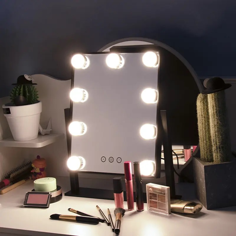 High Quality Personalized Hollywood Mirror with 12pcs LED Bulbs Square Single-Sided Aluminum Finish Vanity Mirror for Cosmetics
