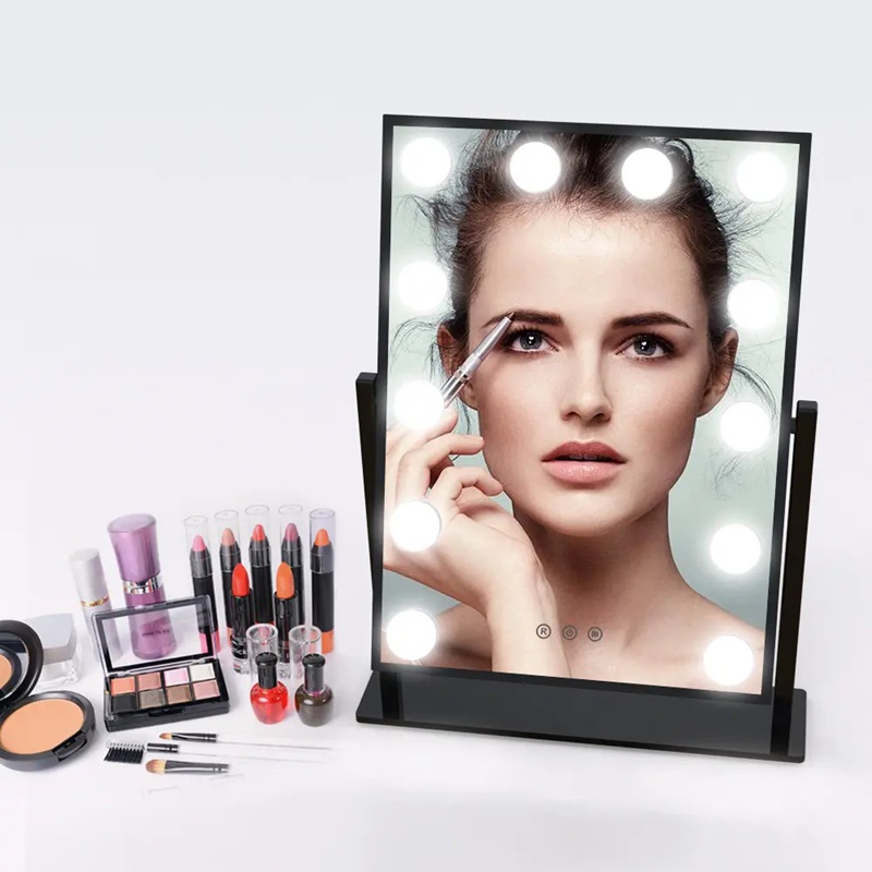 High Quality Personalized Hollywood Mirror with 12pcs LED Bulbs Square Single-Sided Aluminum Finish Vanity Mirror for Cosmetics
